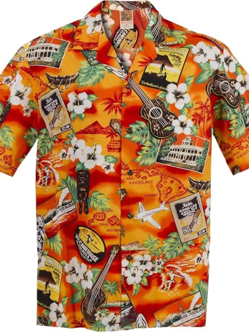 Vintage Winnie Fashion Orange Hawaiian Postcard Themed Button Down Shirt Size S